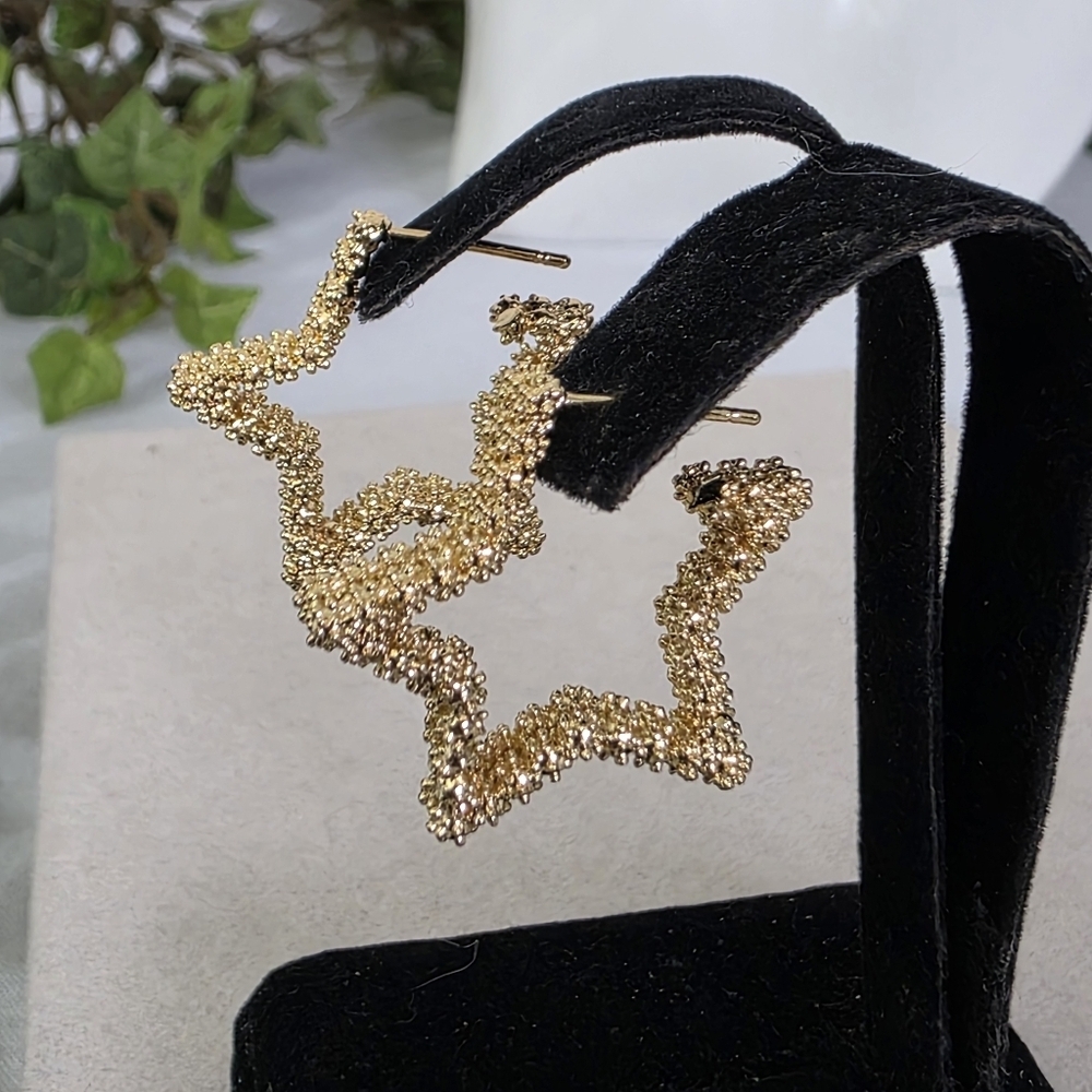 Gold Filled Textured Star Hoop Earrings - Picture 3 of 7